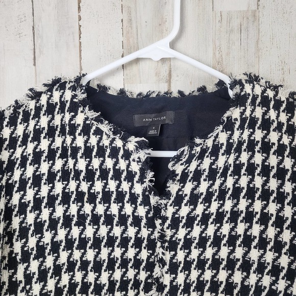 Ann Taylor Houndstooth Fringe Blazer Jacket Black White Size 4 - Picture 8 of 13